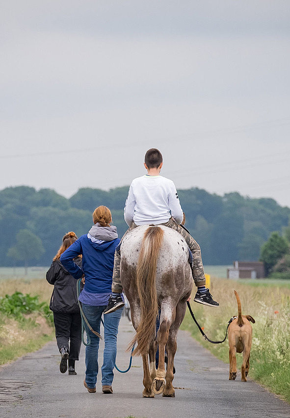 Kind reitet Pferd auf Landweg, Betreuende führen Hund